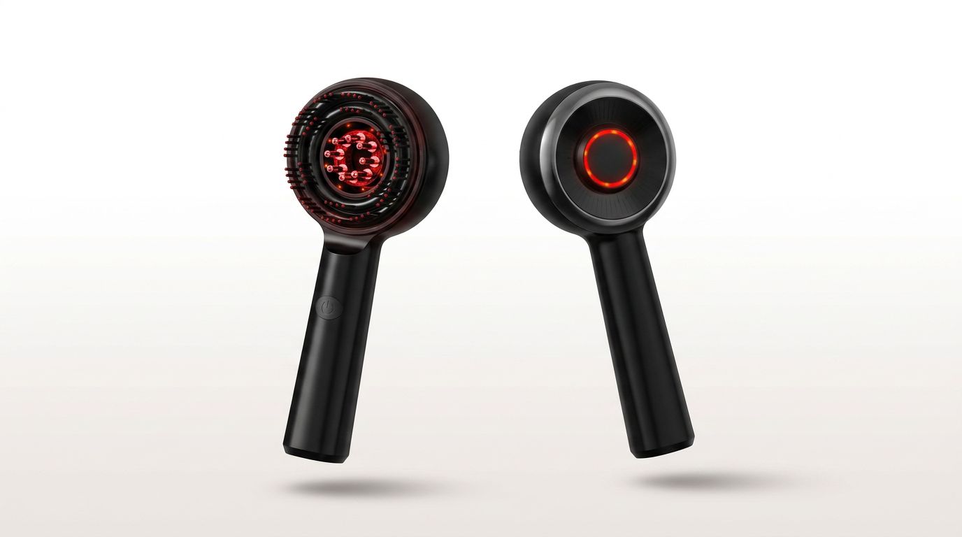 Both sides of Bloomscalp: the silicone massage head and the red light ring