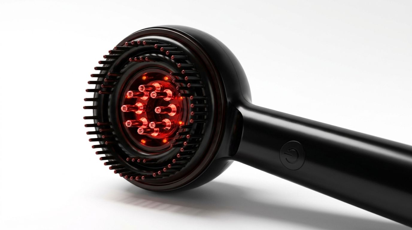 Close-up of the Bloomscalp massage head with red LEDs and silicone tips